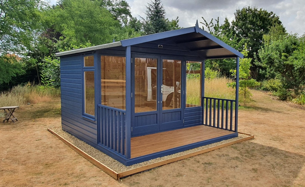 Newmarket Summerhouse 10ft x 8ft (3.05m x 2.4m) with 4ft (1.2m) veranda & side windows in dark blue paint finish