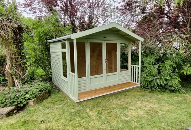 Newmarket Summerhouse 10ft x 8ft (3.05m x 2.4m) with 2ft (0.6m) veranda & side windows in pale green paint finish