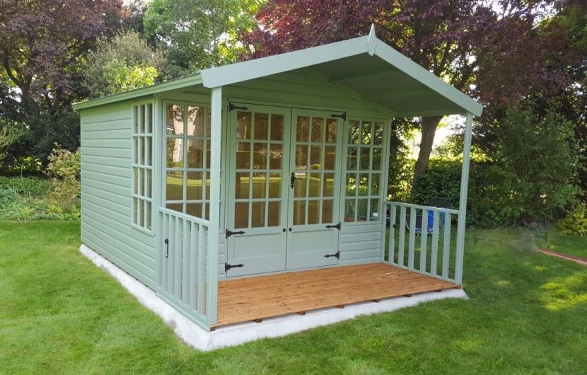 10ft x 10ft (3.05m x 3.0m) with 4ft (1.2m) veranda & timber slatted veranda floor, in a painted finish